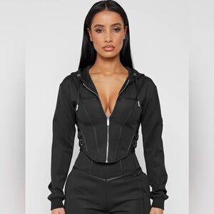 Manière de Voir- Cropped black zip-up corset hooded jacket - NWT - US SIZE 8